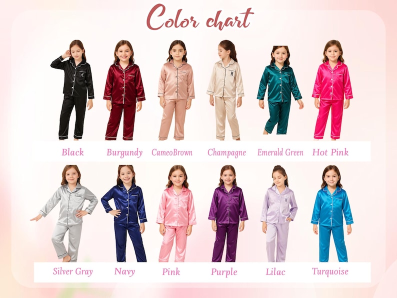 May include: A color chart displays a variety of pajama sets in different colors. The pajamas are shown in black, burgundy, cameo brown, champagne, emerald green, hot pink, silver gray, navy, pink, purple, lilac, and turquoise.