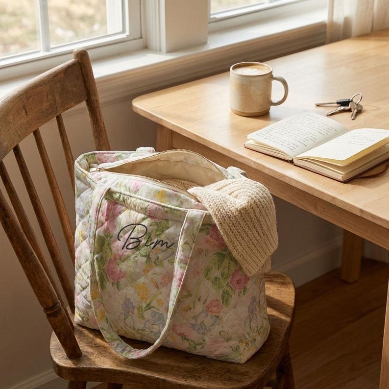 May include: A floral quilted tote bag with a zipper closure, sitting on a wooden chair. The bag features a pastel floral pattern with pink, yellow, and green hues. A beige knit hat is partially visible inside the bag. A mug, keys, and a notebook are on a wooden table.
