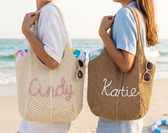 Personalized Crochet Beach Tote Bag,Bridesmaid Beach Bag, Custom Straw Tote,Summer Vacation Tote Bag,Bridesmaid Gift,Wedding favor gift