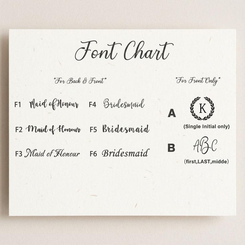 May include: A cream-colored font chart with the title "Font Chart" in elegant script. The chart displays various font styles for text, including "Maid of Honour" and "Bridesmaid", along with options for single initials and names.