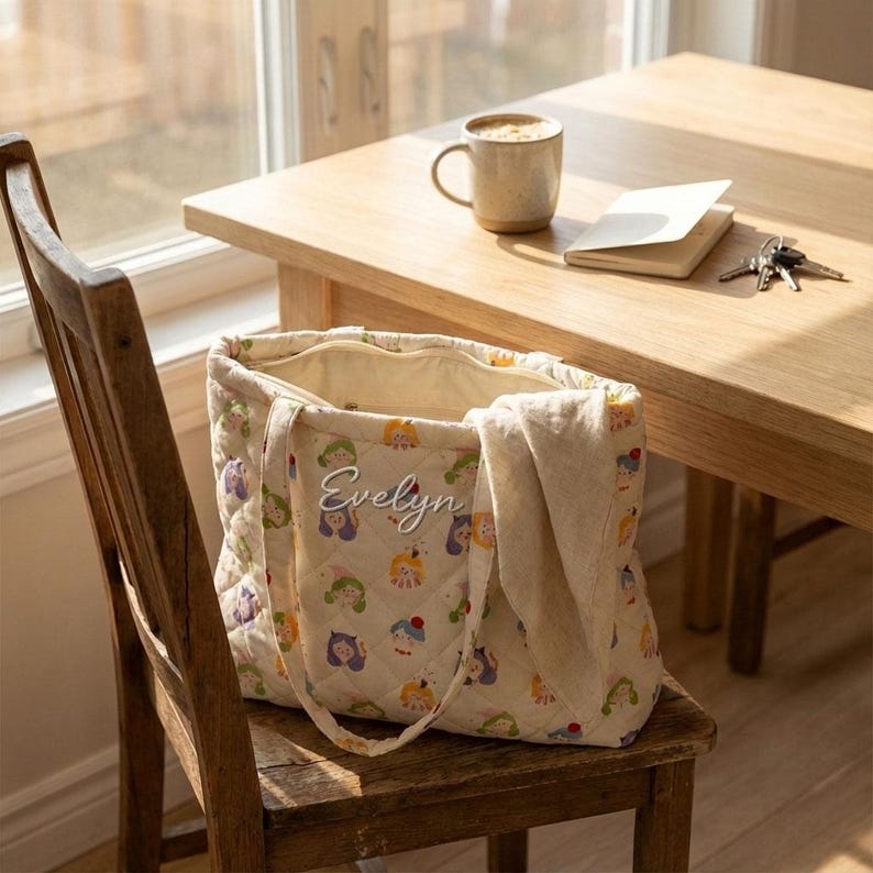 May include: Cream-colored quilted tote bag with a repeating pattern of cartoon characters. The bag has a personalized embroidered name "Evelyn" and is sitting on a wooden chair. A beige blanket is draped over the side.
