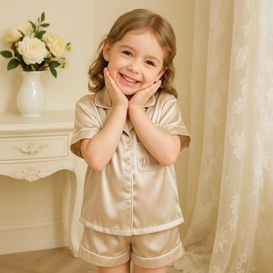 May include: A young girl wearing a beige satin pajama set with white trim. The short-sleeved top has a breast pocket with the name "Dian" embroidered on it. The set includes matching shorts. The girl is smiling and holding her cheeks.