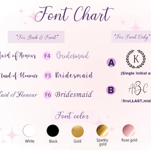 May include: A font chart with various font styles and color options. The chart includes options for "Maid of Honour" and "Bridesmaid" in different fonts, along with single initial and first, last, middle name options. Font colors include white, black, gold, sparkly gold, and rose gold.