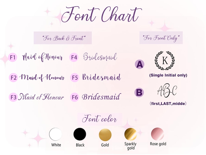 May include: A font chart with various font styles and color options. The chart includes options for "Maid of Honour" and "Bridesmaid" in different fonts, along with single initial and first, last, middle name options. Font colors include white, black, gold, sparkly gold, and rose gold.