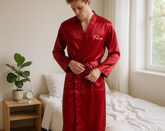 Vestaglie personalizzate, vestaglia in raso da uomo personalizzata, regalo per la preparazione dello sposo e per gli sposi, vestaglie personalizzate con profili, vestaglie lunghe in raso, regalo per lui