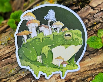 Könnte beinhalten: Ein grüner Frosch mit einer moosigen Textur sitzt auf einem Bett aus grünem Moos und Pilzen. Die Pilze sind in verschiedenen Schattierungen von Gelb, Orange und Blau. Der Frosch hat ein großes, rundes Auge und ein breites, zahniges Grinsen.