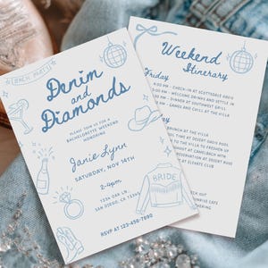 Denim and Diamonds Bachelorette Party Invitation and Itinerary, Denim Bachelorette Weekend Invitation Itinerary, Cowgirl Theme Bachelorette