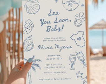 Beach Baby Shower Invitation, Editable Canva Template (Digital Downloads)