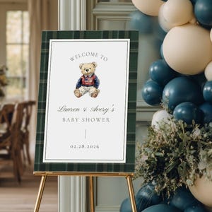 Vintage Teddy Bear Polo Baby Shower Welcome Sign, Polo Baby Shower Plaid Theme, 5x7 and Mobile, Editable Canva Digital Downloads