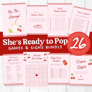 Ready to Pop Baby Shower Games and Signs Bundle, Soda Baby Shower Games, Cherry Baby Shower Games, Checkered Canva Digital Template Bundle