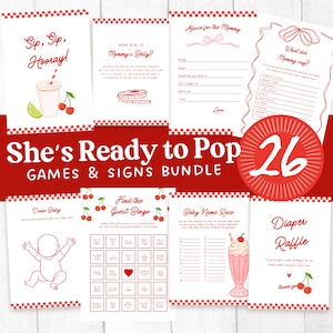 Ready to Pop Baby Shower Games and Signs Bundle, Soda Baby Shower Games, Cherry Baby Shower Games, Checkered Canva Digital Template Bundle