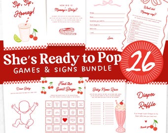 Ready to Pop Baby Shower Games and Signs Bundle, Soda Baby Shower Games, Cherry Baby Shower Games, Checkered Canva Digital Template Bundle