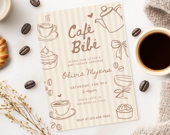 Invitación para baby shower con temática de café, Canva editable (descarga digital)