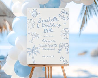 Seashells and Wedding Bells Welcome Sign Editable Printable Poster plus Itinerary, Seashells Bachelorette Party Welcome Sign, Canva Template