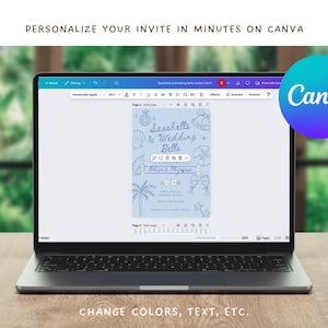 Peut inclure: Un ordinateur portable affiche un mod&egrave;le de faire-part de mariage avec le texte "Seashells & Wedding Bells" et le nom "Olivia Myan". Le logo Canva est visible. Le texte &agrave; l'&eacute;cran dit "Personnalisez votre invitation en quelques minutes sur Canva" et "Changez les couleurs, le texte, etc."