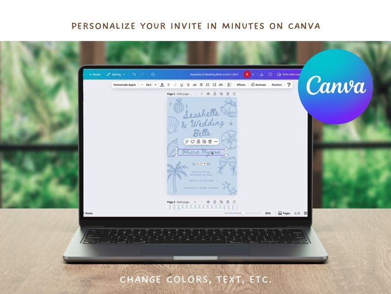 Peut inclure: Un ordinateur portable affiche un mod&egrave;le de faire-part de mariage avec le texte "Seashells & Wedding Bells" et le nom "Olivia Myan". Le logo Canva est visible. Le texte &agrave; l'&eacute;cran dit "Personnalisez votre invitation en quelques minutes sur Canva" et "Changez les couleurs, le texte, etc."
