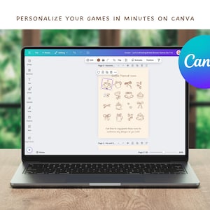 Może przedstawiać: Ekran laptopa wyświetlający projekt Canva z zestawem ikon o tematyce kawy. Tekst na ekranie brzmi "Coffee Themed Icons". Ikony obejmują kubki do kawy, ziarna kawy i inne obrazy związane z kawą.