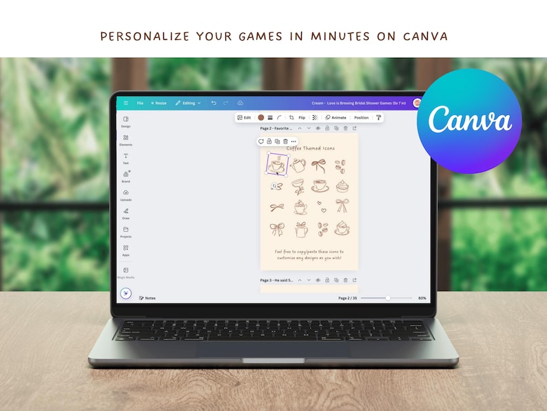 Może przedstawiać: Ekran laptopa wyświetlający projekt Canva z zestawem ikon o tematyce kawy. Tekst na ekranie brzmi "Coffee Themed Icons". Ikony obejmują kubki do kawy, ziarna kawy i inne obrazy związane z kawą.