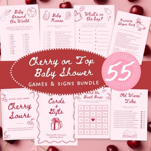 Cherry on Top Baby Shower Games and Signs Bundle, 55+ Party Games and Signs, Cherry Themed Baby Shower Signs, Editable Digital Download