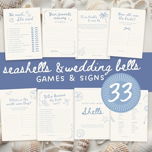 Seashells And Wedding Bells 33 Games Signs Bundle, 5x7 and 8.5x11, Beach Themed Party, Editable Canva, Digital Downloads
