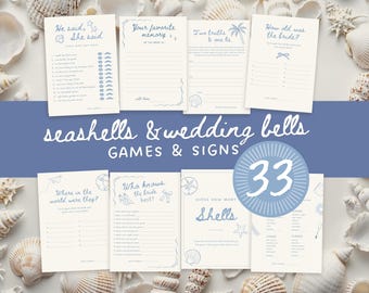 Seashells And Wedding Bells 33 Games Signs Bundle, 5x7 and 8.5x11, Beach Themed Party, Editable Canva, Digital Downloads