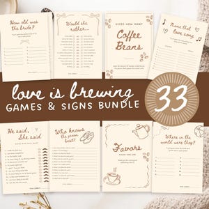 Liebe braut 33 Brautdusche Spiele Bundle, Partyspiele für Kaffeeliebhaber, Partyschilder zum Thema Kaffee, bearbeitbare Canva Digital Download