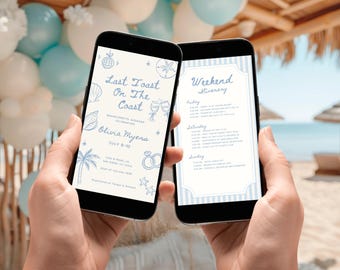 Beach Bachelorette Party Invitation & Itinerary: Last Toast on The Coast, Editable Canva (Digital Downloads)