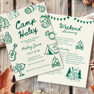Camp Bachelorette Wochenende einladen und Reiseplan, 5x7 und Mobile, Strand Motto Party, bearbeitbare Leinwand, digitale Downloads