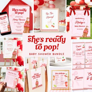 以下が含まれることがあります： 赤と白をテーマにしたベビーシャワーバンドル。招待状、看板、ゲームが含まれています。デザインはソーダボトルのグラフィックと「She's ready to pop!」というフレーズが特徴です。