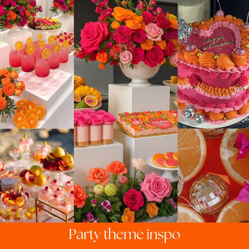 May include: A vibrant party theme inspiration featuring a variety of elements. The image showcases pink cocktails with orange slices, a tiered cake, and a floral arrangement with roses. The text "Party theme inspo" is at the bottom.