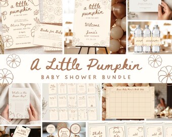 May include: A baby shower bundle with a pumpkin theme. The set includes invitations, welcome sign, diaper raffle cards, water bottle labels, and cupcake toppers. The color scheme is cream and brown with pumpkin illustrations.