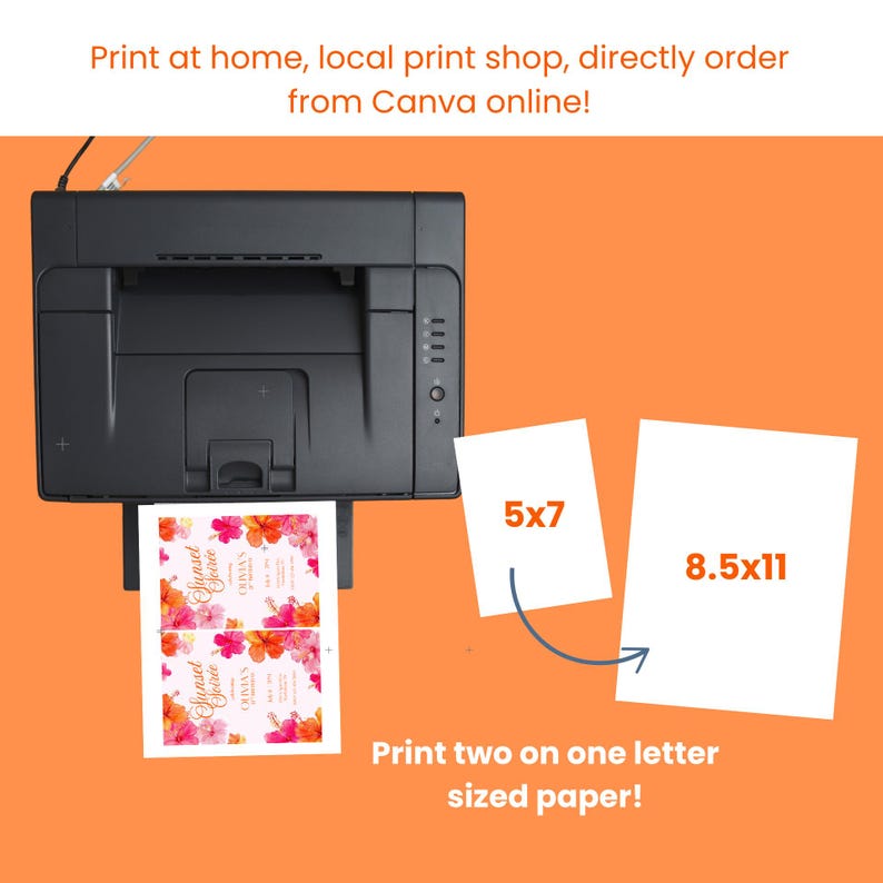 May include: A black printer printing two invitations with floral designs. The image shows a 5x7 inch and an 8.5x11 inch paper size. Text on the image reads: "Print at home, local print shop, directly order from Canva online!" and "Print two on one letter sized paper!"
