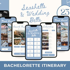 Op de afbeelding: Een verzameling smartphones met een vrijgezellenfeest-route. De schermen tonen strandscènes, resortfoto's en planningsdetails. De tekst "Seashells & Wedding Bells" en "Bachelorette Itinerary" zijn zichtbaar. De kleurstelling is lichtblauw en wit.