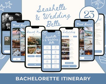 Seashells & Wedding Bells Bachelorette Itinerary App Like Template, Mobile and Letter Size, Beach Themed Party, Editable Canva Download