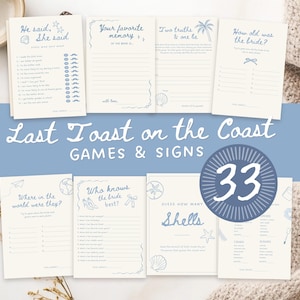 May include: A collection of beach-themed bridal shower games and signs. The design features light blue text and illustrations on white cards. The text includes "Last Toast on the Coast" and game titles like "He said, She said" and "How old was the bride?"