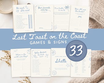 May include: A selection of bridal shower games and signs with a coastal theme. The design features light blue text and illustrations on white cards. The text includes "Last Toast on the Coast" and game titles like "He said, She said" and "How old was the bride?"