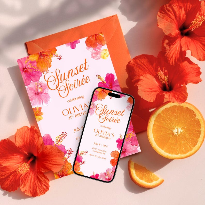 May include: A party invitation with the text "Sunset Soir&eacute;e" and floral accents, along with a matching envelope. A smartphone displays the same invitation design. Bright orange hibiscus flowers and a sliced orange complete the tropical theme.