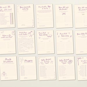 May include: A collection of cream-colored wedding game cards with purple text and illustrations. The cards feature various games like "He said, she said" and "How old was the bride?" A bouquet of lavender is in the background.