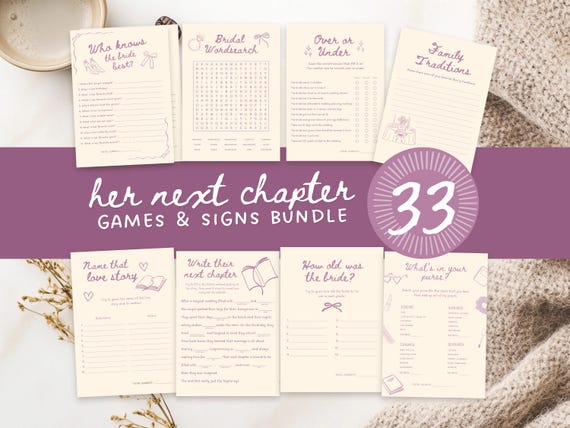 Book Themed Bridal Shower Games: Her Next Chapter, 33 Game Bundle (Editable Canva Download)