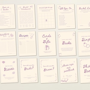 May include: A collection of cream-colored wedding game cards with purple text and illustrations. The cards include games like "Over or Under," "Bridal Wordsearch," and "Photo Booth." A bouquet of lavender is in the background.