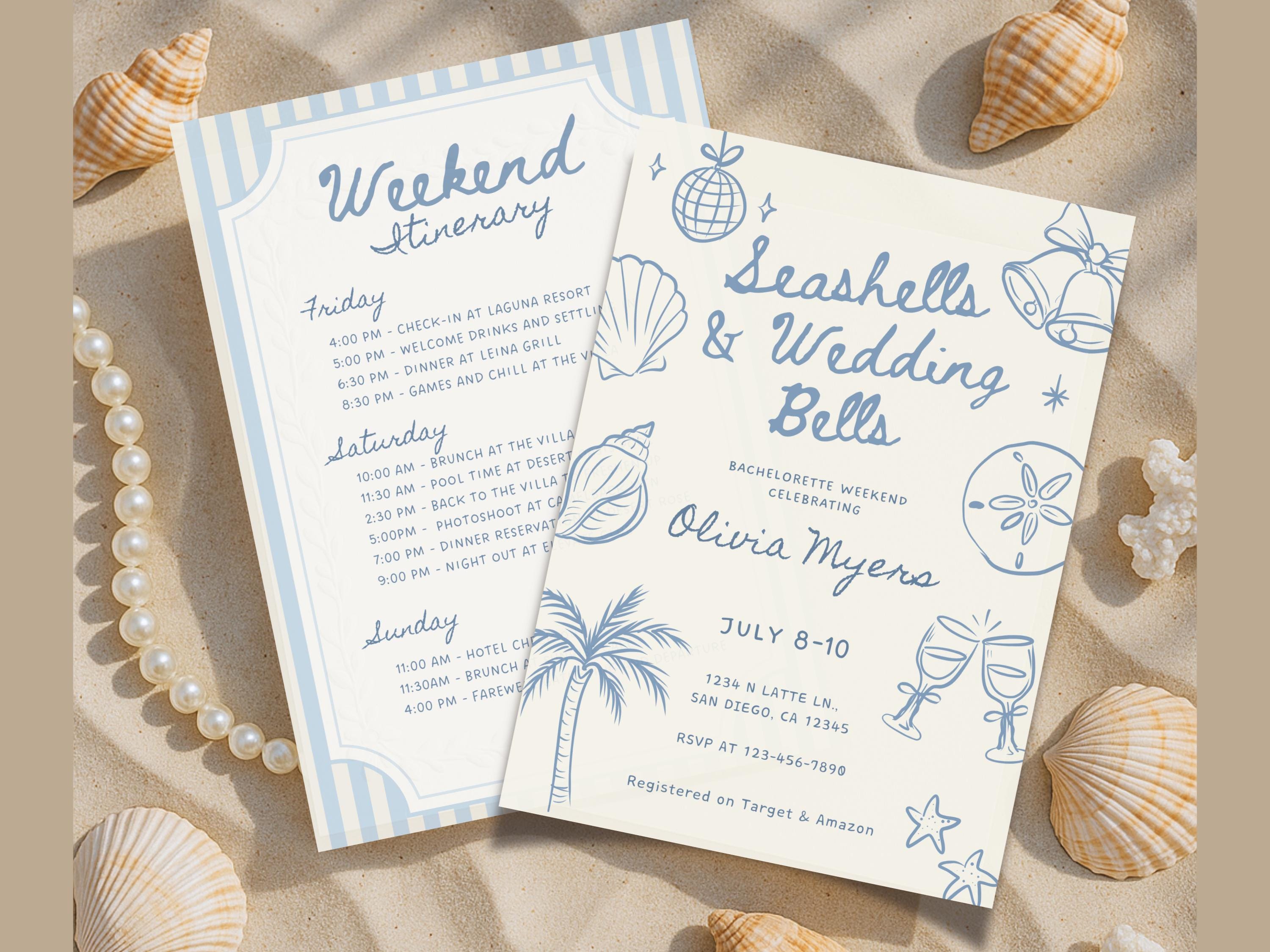 Seashells & Wedding Bells Bachelorette Weekend Invite and Itinerary, 5x7 and Mobile, Beach Themed Party, Editable Canva, Digital Downloads