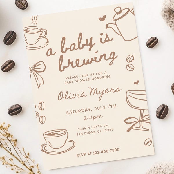 Baby is Brewing Baby Shower Invitation: Coffee Theme (Digital Download, Editable Canva Template)