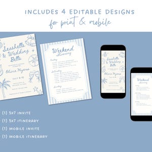 Peut inclure: Un ensemble de faire-part de mariage bleu clair sur le th&egrave;me des coquillages. Comprend une invitation 5x7, un itin&eacute;raire 5x7 et des versions mobiles. Le texte comprend "Seashells & Wedding Bells" et "Weekend Itinerary".