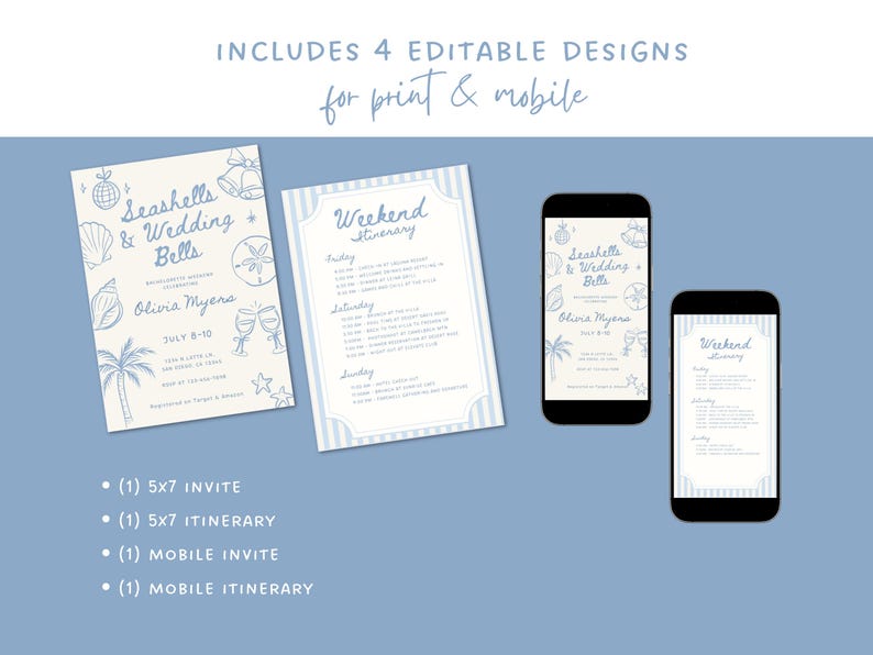 Peut inclure: Un ensemble de faire-part de mariage bleu clair sur le th&egrave;me des coquillages. Comprend une invitation 5x7, un itin&eacute;raire 5x7 et des versions mobiles. Le texte comprend "Seashells & Wedding Bells" et "Weekend Itinerary".