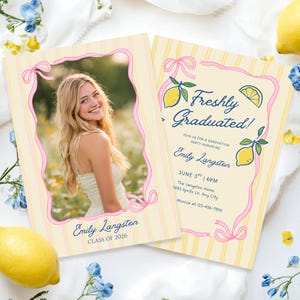 May include: Graduation announcement cards with a photo and text. The cards have a yellow and pink striped background with a photo of a smiling person. The text reads "Freshly Graduated!" and includes the graduate's name, date, and location.