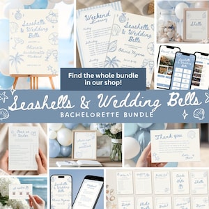 Peut inclure: Ensemble de papeterie bleu clair et blanc avec des illustrations de coquillages et de cloches de mariage. Le texte comprend "Seashells & Wedding Bells" et "Bachelorette Bundle". Cartes, panneaux et maquettes num&eacute;riques sont pr&eacute;sent&eacute;s.