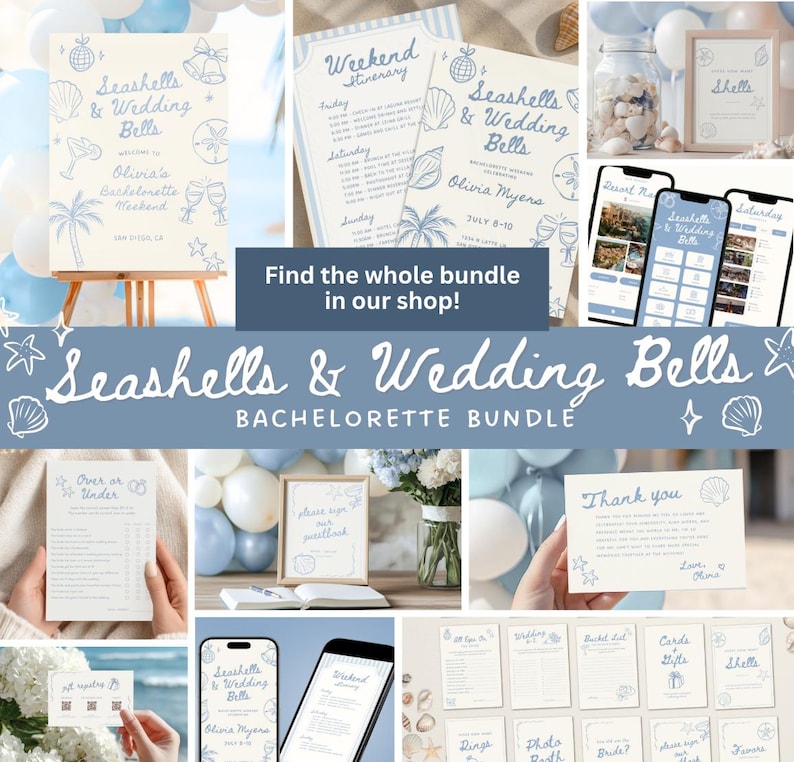 Peut inclure: Ensemble de papeterie bleu clair et blanc avec des illustrations de coquillages et de cloches de mariage. Le texte comprend "Seashells & Wedding Bells" et "Bachelorette Bundle". Cartes, panneaux et maquettes num&eacute;riques sont pr&eacute;sent&eacute;s.