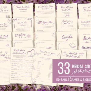 May include: A collection of 33 bridal shower games and signs, featuring various activities like "He Said, She Said" and "Bridal Wordsearch." The games have a soft, lavender color scheme with elegant fonts. The bundle includes editable games and signs.