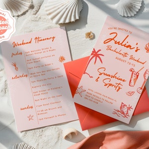 May include: A pink and orange bachelorette party invitation with the text "You're invited to Julia's Bachelorette Weekend August 13-15 Sunshine & Spritz" and a graphic of a cocktail glass with a straw and a slice of orange. The invitation also includes the text "Hotel Lagoon, Palm Beach FL More details to follow RSVP to Daniela 604-354-3456".