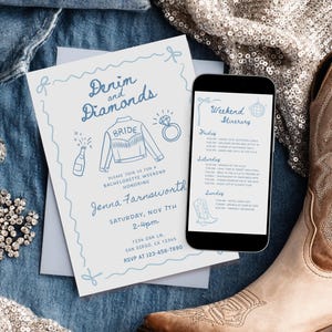 Denim and Diamonds Bachelorette Party Invitation and Itinerary, Denim Bachelorette Weekend Invitation Itinerary, Cowgirl Bachelorette Theme